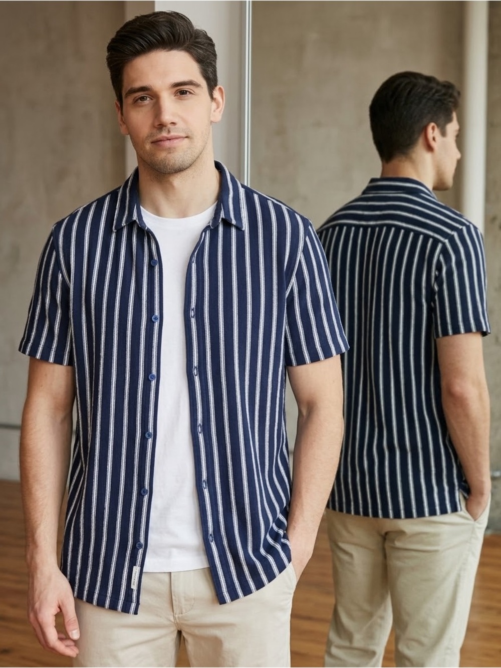 Sperry Navy Blue and White Vertical Stripe Short-Sleeve Button-Down Shirt